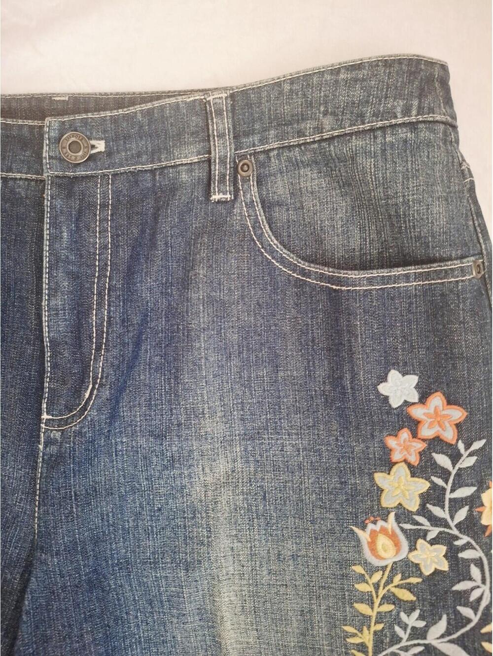 Talbots  Embroidered Floral Distressed Wide-Leg Stretch Blue Jeans  Women's 14 - Picture 5 of 9